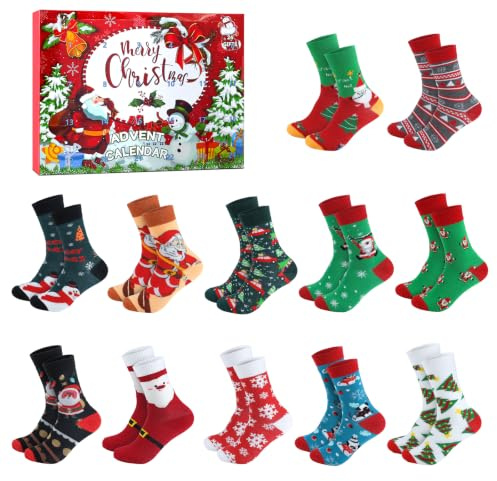 Aischens 12 Paare Weihnachtssocken Adventskalender 2025 für Frauen Männer, Weihnachten Socken Damen Adventskalender 2025, Unisex Christmas Socks Größe 35-38, Weihnachten Geschenke für Damen & Herren