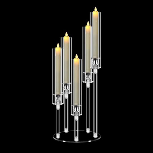 MSDADA 5-Armiger Acryl Kerzenständer Kronleuchter 58 cm Höhe, Kristallklar Kerzenhalter für Hochzeit Weihnachten Tischdeko, Kamin Party Deko, für 2 cm LED Kerzen