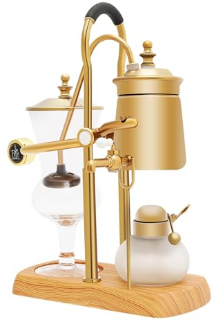 Bdneygtyr Siphon Kaffeemaschine 400ml, Vakuum Kaffeebereiter mit Alkohollampe, Edelstahl & Glas Filterkaffeemaschine mit Naturholzsockel und Deckelknauf, Gold