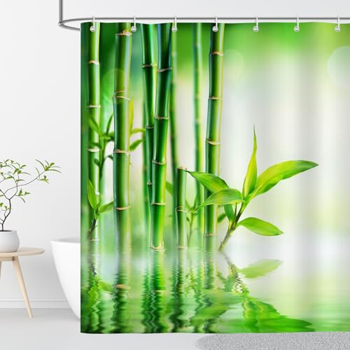 OCEUMACO Duschvorhang 180x180 Anti Schimmel Wasserdicht Textil Shower Curtains A2 Grün Bambus Zen Motiv Duschvorhänge Badewanne Waschbar Stoff aus Polyester Bad Vorhang mit Haken