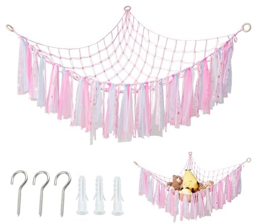 Kuscheltier Aufbewahrung Netz - Stofftier Aufbewahrung Hängematte, Boho Mädchen Kinderzimmer Rosa Deko, Kuscheltier Netz Zum Aufhängen Können Zum Ordnen und Dekorieren