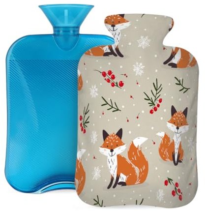 Myfsucce Wärmflasche mit Bezug, Fuchs, Kirschblätter, Schneeflocken-Druck, wiederverwendbarer PVC-Wärmbeutel zur Schmerzlinderung, Krämpfe und Wärme, 31 x 20,3 cm, 2 l