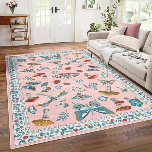 CAROMIO Schmetterling Teppich Wohnzimmer 160x230 cm Kurzflor Altrosa | ca. 6mm Ultradünn, Waschbarer Teppich für Schlafzimmer Kinderzimmer, rutschfest, pflegeleicht, faltbar, pilzteppich