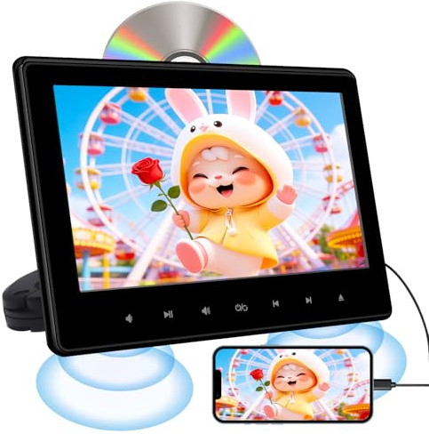 10.1 Car DVD Player with HDMI Input, Car TV Screen with Mounting Brackets, Auto Suction Disc, Support Last Memory, Region Free, USB/TF Card, Play Movies, Dual Speakers
