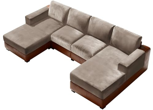 Sfcover Sofabezug U Form Stretch Samt Ecksofa Bezugsset Universal Sofabezug Polsterbezug Sektional Sofa Cover L Shape Couchbezug Mit Sesselbezügen (Taupe,Chaise Cover(1pc))