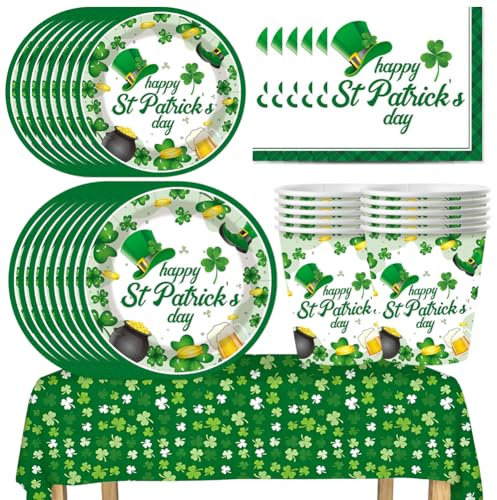 St.Patrick's Day Party Tableware Decorations 51Pcs Green Shamrock Lucky Patrick's Table Cloth,Paper Plates, Napkins for St. Patrick's Day Theme Party-10 Guests