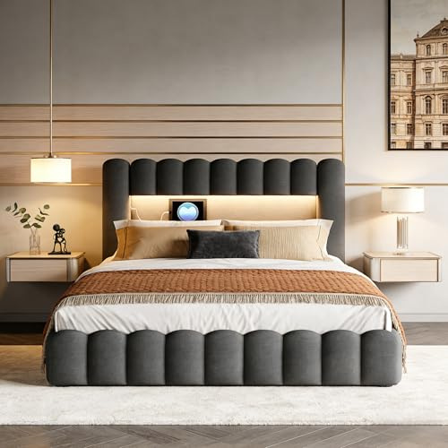 Polsterbett Bubble 140x200 mit Bettkasten, Doppelbett mit Stauraum und Lattenrost Hydraulisches Bett mit Led Beleuchtung und USB Stauraumbett Bettgestell für Erwachsene und Jugendliche(Grau Leinen)