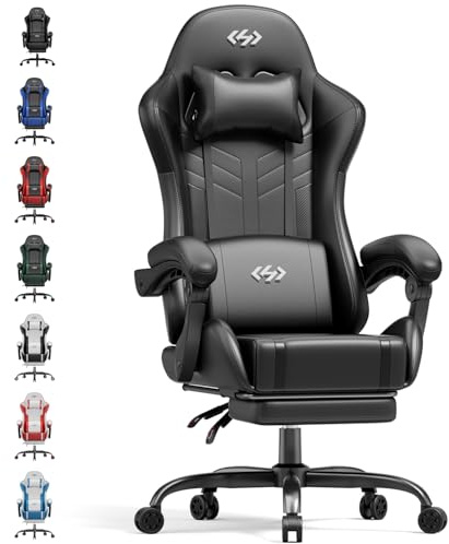 HLFURNIEU Silla Gaming Ergonómica con Cojín Lumbar Masajeador, Negro | Silla Gamer con Reposapiés, Altura Ajustable, Reclinable 90-139°, para Juegos y Oficina