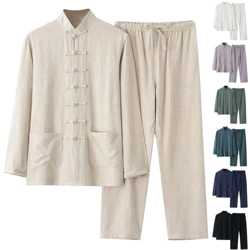 Tai Chi Anzug Herren Tang Anzug Chinesischer Stil Langarm Baumwolle Leinen Hemd+Hose 2 Teiler Traditionelle Kampfkunst Kleidung Atmungsaktiv Kung Fu Uniform Set Tangzhuang Frühling Sommer Jogginganzug