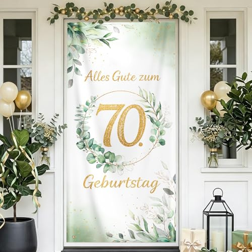 COMOOKA 185x90cm Tür Banner 70 Geburtstag Deko mit Eukalyptus-Kranz Motiv | Alles Gute zum 70. Geburtstag Banner & Fotohintergrund, Tür Deko 70 Geburtstag Mann & Frau, Geburtstagsbanner 70 Grün Gold
