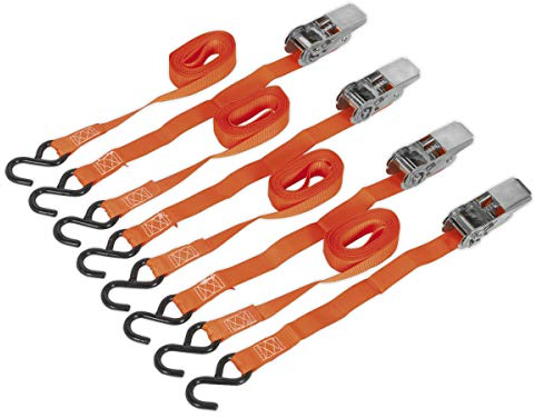 Sealey Ratchet Straps 25mm x 4m Polyester Webbing with S-Hooks 500kg Breaking Strength - 2 Pairs - TD0540S4