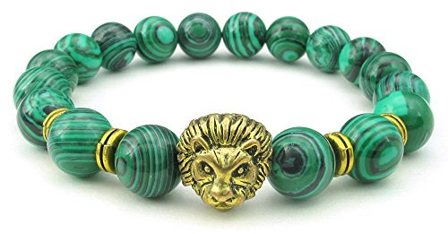 KONOV Schmuck Herren-Armband – 10 mm Bergkristall Natur Perle Manschettenknöpfe, Löwe Charm – Malachit – Legierung Fantaisie Kette von Hand – Farbe Grün Gold – mit Geschenktasche