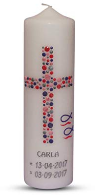 Taufkerze Kommunionkerze Mädchen Junge mit Name und Datum 25x8cm mm Taufe Kerze Kreuz-Kreise-14 Rosa Lila Rot Silber