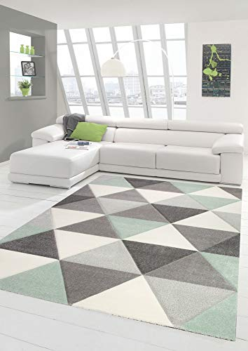 Merinos Teppich modern Designerteppich mit Dreieck Muster in Grün Grau Creme Größe 200 x 290 cm