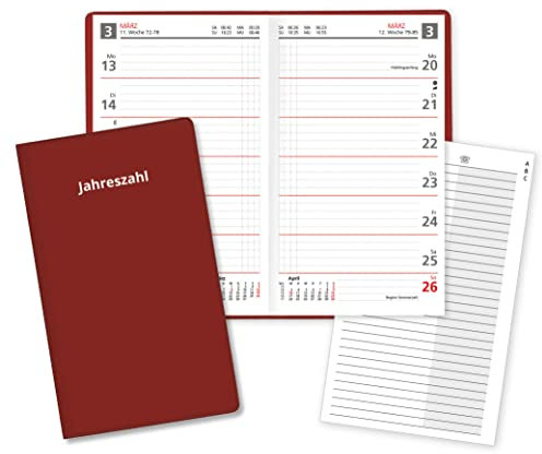 Wochentaschenkalender für das Jahr 2025 Sekunda Taschenplaner in Rot mit Adressheft und PVC Einband in Weinrot Made in Germany