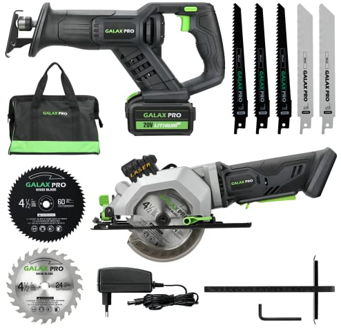 GALAX PRO Scie Alternative et Mini Scie Circulaire, Batterie 20V, Scie Sabre Vitesse Variable, Scie Circulaire avec Laser Lames 115MM Angle 90° et 45°, Batterie et Chargeur inclus - T0102
