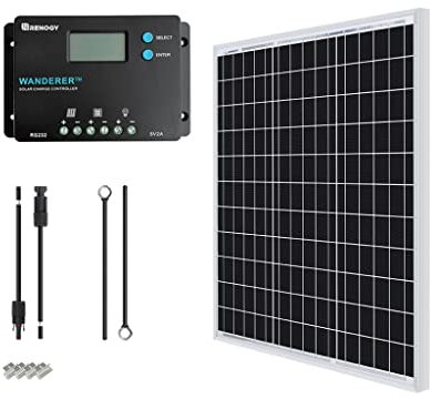 Renogy Kit Solar 50W 12V, Kit Solar Autoconsumo, Kit Panel Solar, Kit Solar Autocaravana de Placa Solar 12V con Regulador Solar PWM 10A 12V/24V para Furgoneta,Camper,Casa, Panel Solar Portatil 50W