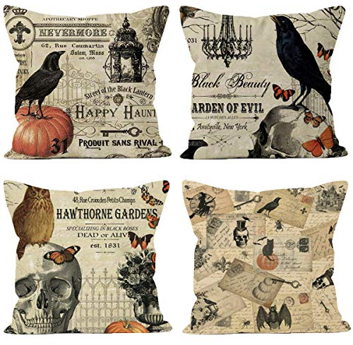 Neusky 4er Set Dekorativ Kissenbezug Kissenhülle Halloween Muster 45 x 45cm Sofa Büro Dekor Kissenhülle aus Baumwoll und Leinen (Skelett-Halloween)