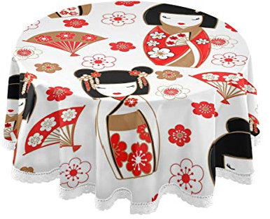 Mnsruu 152.4 CM Round Japanese Doll Cherry Blossom Fan Tablecloth Table Cloth Cover Decorative Lace Macrame for Buffet Table, Party, Holiday Dinner