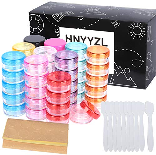 HNYYZL Empty Plastic Cosmetic Jars, 50Pcs Sample Containers Bottles, 5ml Travel Pots with Lids, Small Pots for Toiletries (10pcs Spatulas and 50pcs Labels)