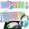 Gaming Tastatur Headset & Maus Set, 104 Tasten Rainbow Backlit UK Layout Tastatur 2400DPI Maus 7.1 Surround Sound RGB Leichte Waben Headset Mauspad Kombination für PS4 Xbox(Need Adapter) Weiß