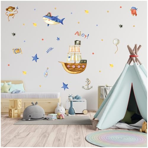 Wandsticker personalisiert Sticker Aquarell Tiere mit Name Wandtattoo für Kinderzimmer Babyzimmer Spielzimmer Mädchen Junge Y037 (Nr. 10 Piraten, Ohne Wunschname)