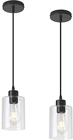KLSS Modern Black Farmhouse Clear Glass Cylinder Pendant Light Fixture,Island Lights for Kitchen,Mini Pendant Lighting for Kitchen Island Decor - 4.75 Inch Shade 58 Inch Cord (Black 2 Pack)