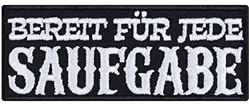 Aufnäher Bereit für jede SAUFGABE Heavy Metal Aufbügler Party Patch Bier Geschenk für Männer/Frauen DIY Festival Applikation für Jacke/Weste/Jeans/Rucksack 90x35mm