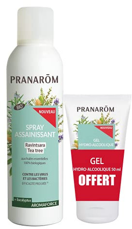 PRANARÔM - Aromaforce - Spray Assainissant 150 ml + Gel Hydro-Alcoolique 50 ml - Aux Huiles Essentielles Bio - Ravintsara Et Tea Tree - Pour Assainir Et Purifier L'Air - Se Désinfecter Les Mains
