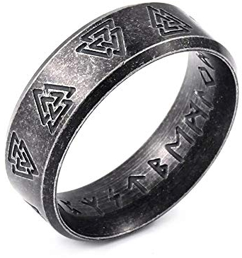 BlackAmazement 316L Edelstahl Ring Valknut Wotansknoten Symbol Runen Stufenkante Wikinger Schriftzeichen Germanen Herren (57 (18.1))