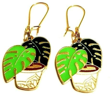 Swiss Cheese Plant Earrings on Gold Tone Kidney Wires, Potted Plant Dangle Earrings, Gardener Drop Earrings,Coloured Enamel Plant Earrings