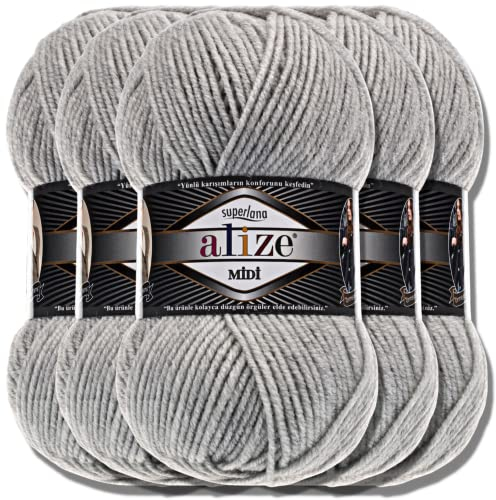 Alize 5 x 100g Superlana Midi Türkische Premium Wolle Baumwolle und Acryl Uni Handstrickgarne | Yarn | Garn | Strickgarn Einfarbig Baby zum Häkeln Stricken Kleidung Schals (Light Grey Melange | 208)