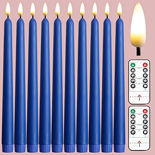 10 Pack Blue Flameless 11'' Wax Coverd Taper Candles with 2 Remote, Use 2-AA Batteries(not Included Runs 200 Hours, LED Battery Operated Candle for Candle Holders, for Wedding, Hotel ,Windows Candles