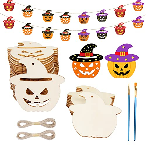 Matogle 40pcs Halloween Deko Kürbis Basteln aus Holz Halloween Bastelset Kinder Holzanhänger zum Bemalen Holzbastelsets mit Pinsel Kunsthandwerk Spielzeug Geschenk DIY Handwerk für Halloween Party