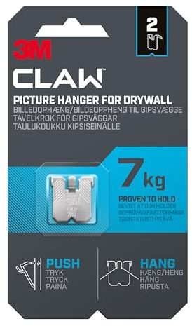 3M CLAW Ganchos para colgar cuadros en paredes de yeso, 2 ganchos, peso máximo probado hasta 7 kg, ideal para fijar objetos pesados, espejos, decoración del hogar, sin herramientas