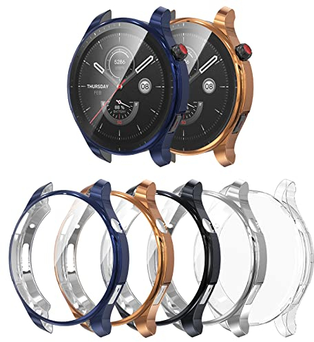Bigqin 5 Pcs Coque Compatible avec Amazfit GTR 4, Housse en TPU Souple avec Protecteur d'écran,Protection Complète,Anti-rayures, Noir, Or Rose, Argent, Clear,Bleu