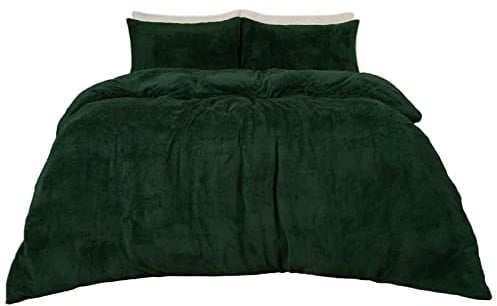 Brentfords Forest Green Bedding Teddy Fleece Double Duvet Set, Fluffy Soft Warm Christmas Duvet Double with Matching Pillowcases Winter Bedding Double Bed Set