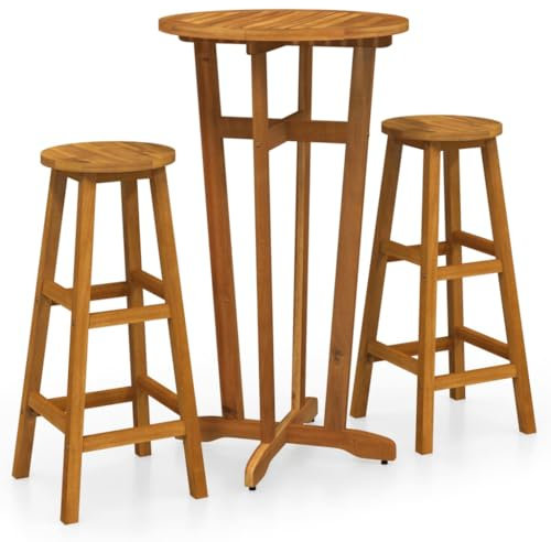 vidaXL Bar Set 3-TLG., Rund Bartisch Set mit Holzrahmen, Sitzgruppe Essgruppe für Innen Außen, Bistro Set Stehtisch, Massivholz Akazie