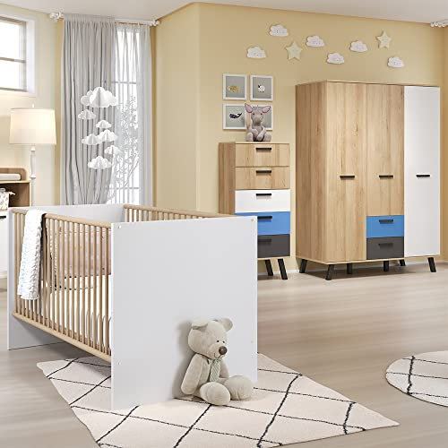 Babyzimmer Set, mit höhenverstellbaren Babybett weiß, Kommode und Kleiderschrank 3 türig in weiß Graphit und Buche inkl. Wechselblenden in rosa und blau
