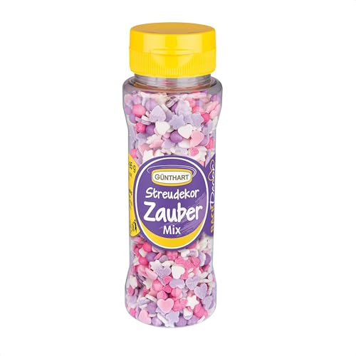 Günthart BackDecor Zuckerstreusel Zauber Mix in den trendigen Farben lila, rosa und weiß, große Zucker Kugeln, Zucker Sterne und Zuckerherzen in groß und klein, 1er Pack (1 x 95 g)