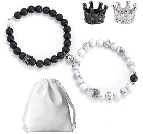 RHDUN Magnetic Bracelets for Couples, King & Queen Crown His and Her Bracelets Matching Bracelets Long Distance Relationship Gifts for Boyfriend and Girlfriend on Anniversary Couples Jewelry for Women Men