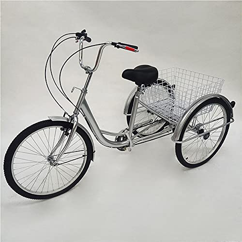 RainWeel Dreirad für Erwachsene 24 Zoll Dreirad Cruiser Senioren Tricycle 6 Gang Einkauffahrrad Lastenfahrrad mit Korb und Licht Silber