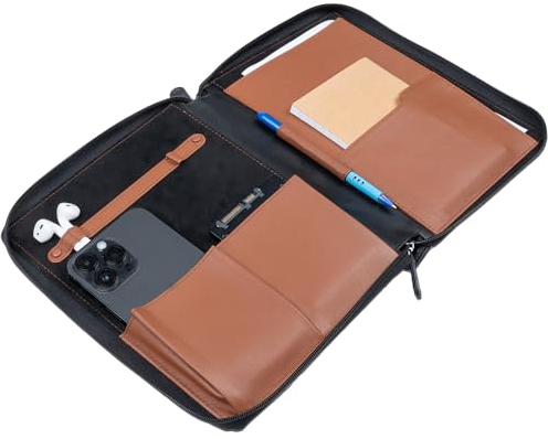 HANS/SON Business-Organizer – Edles Echt-Leder-Case mit 2 Fächern, Platz für A5 Block oder Tablet und wichtige Utensilien, ideal für unterwegs - schwarz, innen braun