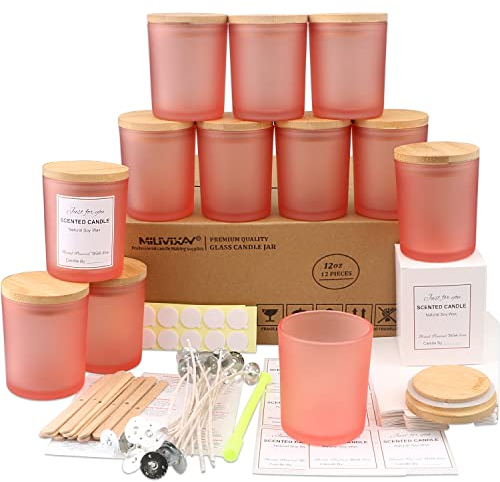 MILIVIXAY Lot de 12 pots à bougies en verre rose mat de 350 ml avec couvercles et kits de fabrication de bougies – Pots à bougies vides en vrac pour la fabrication de bougies – Conteneurs à épices,