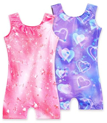 Nokecina 2-pack trikåer för flickor gymnastik glittrande tumlande dräkter med shorts ärmlös one-piece biketards, 2 st lila hjärta & rosa B, 6-7 Years