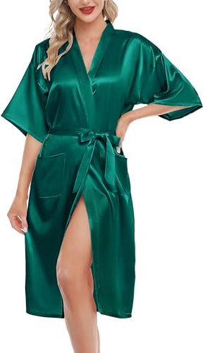 Lovasy Peignoir Satin Femme Robes de Chambre et Kimonos de Mariée Robes de Chambre Soie Court Kimono Col V avec Ceinture B Vert encre M