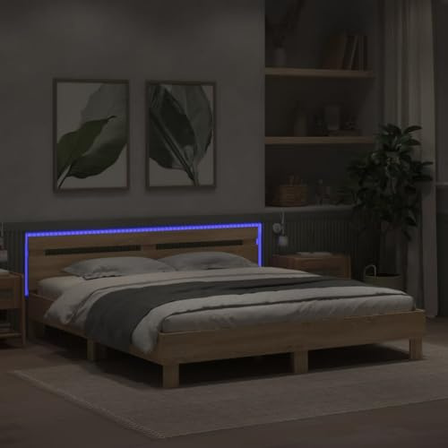 Faroom Holzbett Futonbett Bett 180 x 200 cm#2 mit LED-Beleuchtung,Lattenrost & Kopfteil, Bettrahmen Holzwerkstoff Einzelbett Doppelbett Bettgestell Sonoma-Eiche