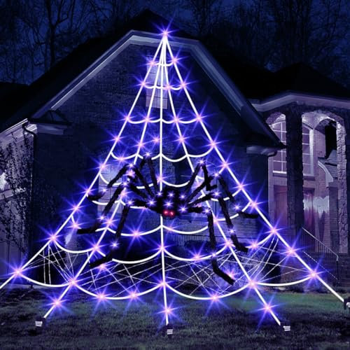 Telarañas Halloween Decoracion Casa, Araña Gigante, TelarañA De 6 * 7m Araña Negra Grande De 1.2m 270 LED Morados 8 Modos De IluminacióN, Decoración Halloween Fiesta De Jardin
