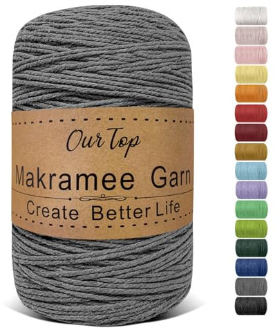 OurTop Premium Makramee Garn Grau, 2mm x 500m Macrame Cord Makramee Schnur Makramee Kordel, Garn für DIY Handwerk, Weben Dekoration, Hängepflanze Pflanze Aufhänger