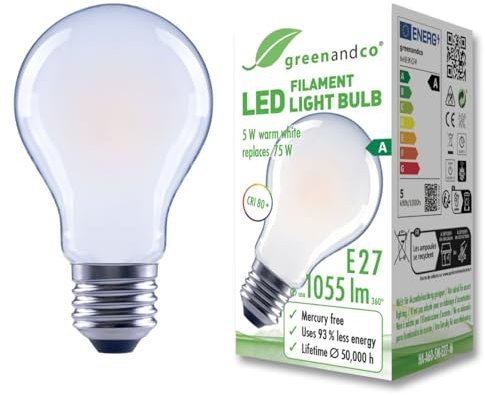 greenandco Glühfaden LED Lampe | matt | E27 A60 | 5W 1055lm | ersetzt 75W | 2700K warmweiß | 320° | 230V | flimmerfrei | Energieeffizienzklasse A | nicht dimmbar